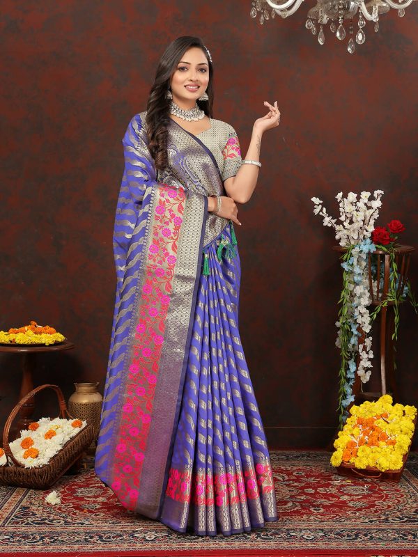 Lorenvalley Fashion Purple Soft Silk Woven Design with Zari Weaving Leheriya Design Saree Hot on Sale