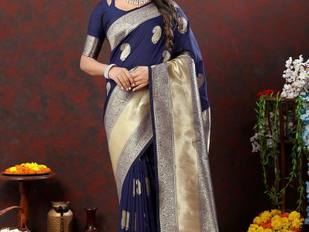 Lorenvalley Fashion Navyblue Soft Silk Woven Design Gold Zari Weaving Saree Cheap