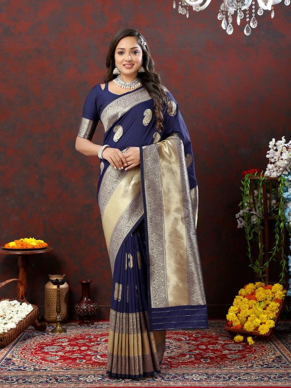 Lorenvalley Fashion Navyblue Soft Silk Woven Design Gold Zari Weaving Saree Cheap