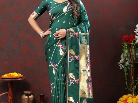 Lorenvalley Fashion Green Soft Paithani Silk Woven Design Gold Zari Meenakari Weaving Saree Sale