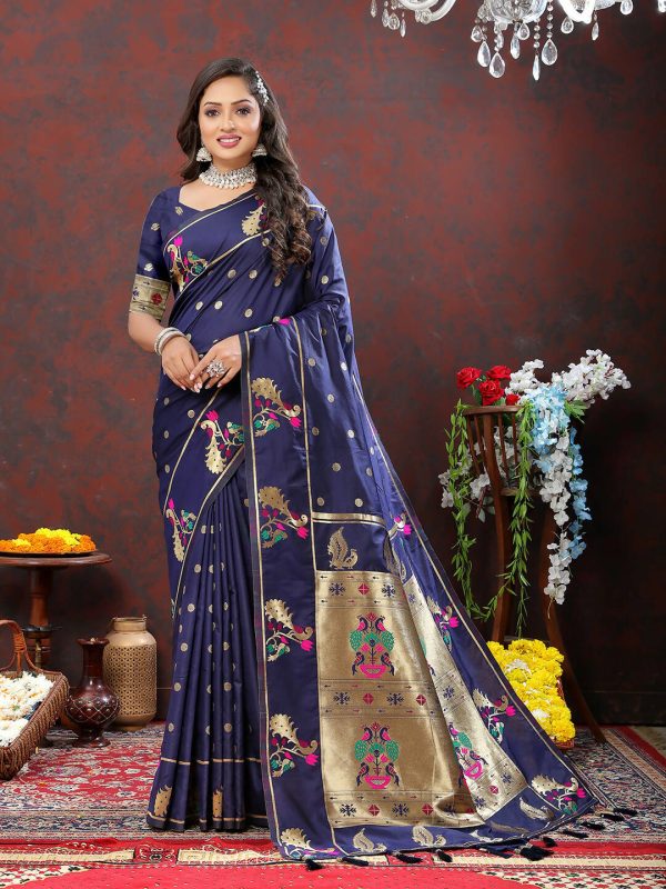 Lorenvalley Fashion Navyblue Soft Paithani Silk Woven Design Gold Zari Meenakari Weaving Saree For Discount