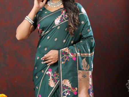 Lorenvalley Fashion Green Soft Paithani Silk Woven Design Copper Zari Meenakari Weaving Saree Supply