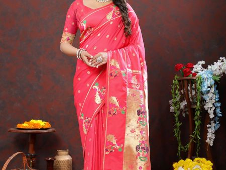 Lorenvalley Fashion Peach Soft Paithani Silk Woven Design Gold Zari Meenakari Weaving Saree Online Hot Sale