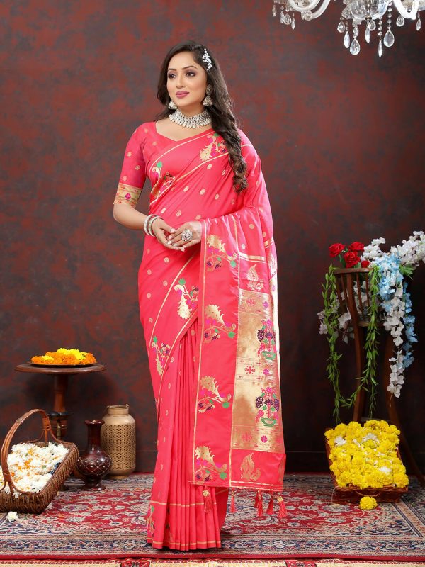 Lorenvalley Fashion Peach Soft Paithani Silk Woven Design Gold Zari Meenakari Weaving Saree Online Hot Sale