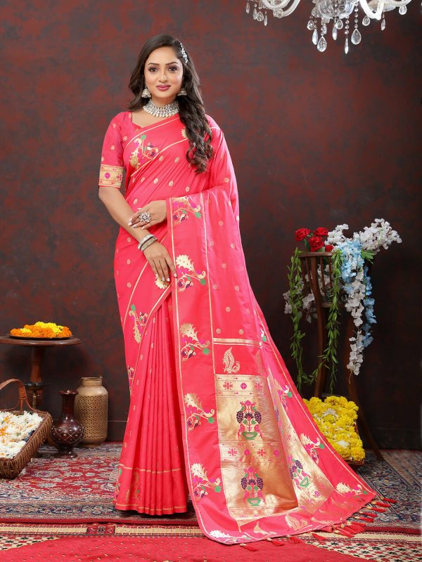 Lorenvalley Fashion Peach Soft Paithani Silk Woven Design Gold Zari Meenakari Weaving Saree Online Hot Sale