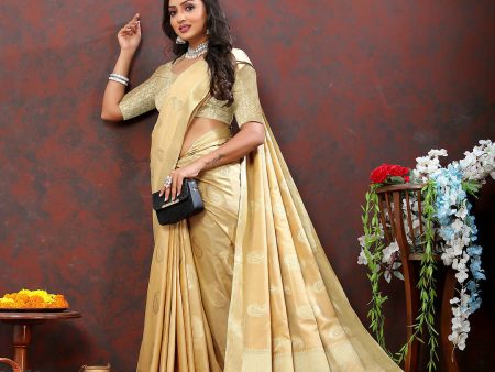 Lorenvalley Fashion Cream Cotton Woven Design with Zari Weaving Design Saree on Sale