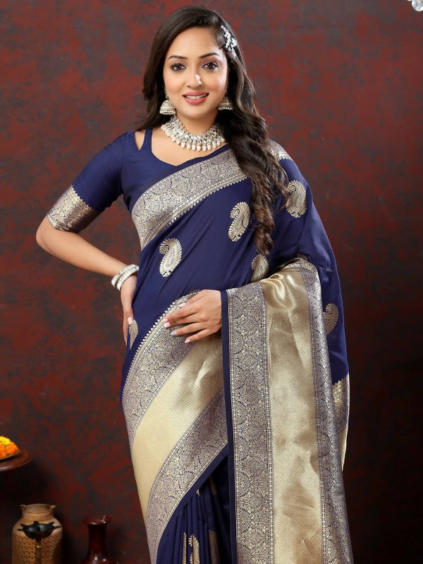 Lorenvalley Fashion Navyblue Soft Silk Woven Design Gold Zari Weaving Saree Cheap