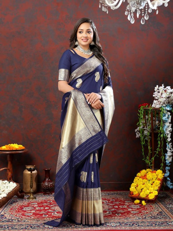 Lorenvalley Fashion Navyblue Soft Silk Woven Design Gold Zari Weaving Saree Cheap