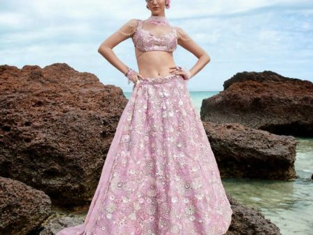 House of Panchhi Mauve Organza Sequins, Zarkan And Thread Embroidery Lehenga Choli & Dupatta For Sale