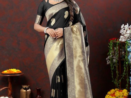 Lorenvalley Fashion Black Soft Silk Woven Design Gold Zari Weaving Saree Hot on Sale