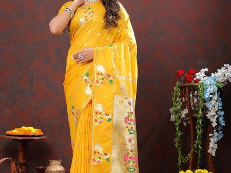 Lorenvalley Fashion Gold Soft Paithani Silk Woven Design Gold Zari Meenakari Weaving Saree on Sale