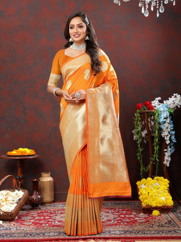 Lorenvalley Fashion Orange Soft Silk Woven Design Gold Zari Weaving Saree Supply