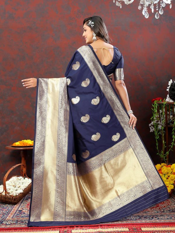 Lorenvalley Fashion Navyblue Soft Silk Woven Design Gold Zari Weaving Saree Cheap