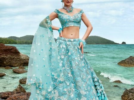 House of Panchhi Sky Blue Organza Sequins, Zarkan And Thread Embroidery Lehenga Choli & Dupatta Discount