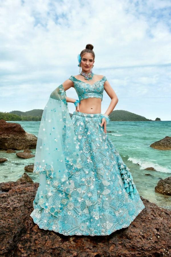 House of Panchhi Sky Blue Organza Sequins, Zarkan And Thread Embroidery Lehenga Choli & Dupatta Discount