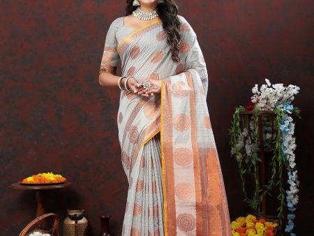 Lorenvalley Fashion Grey Cotton with Woven Design Zari Weaving Saree For Cheap