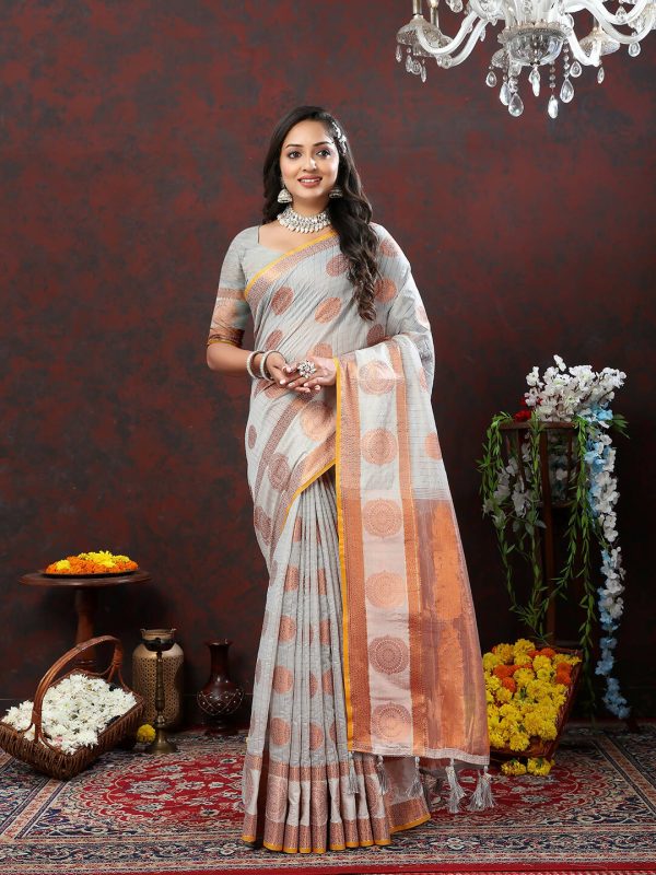 Lorenvalley Fashion Grey Cotton with Woven Design Zari Weaving Saree For Cheap