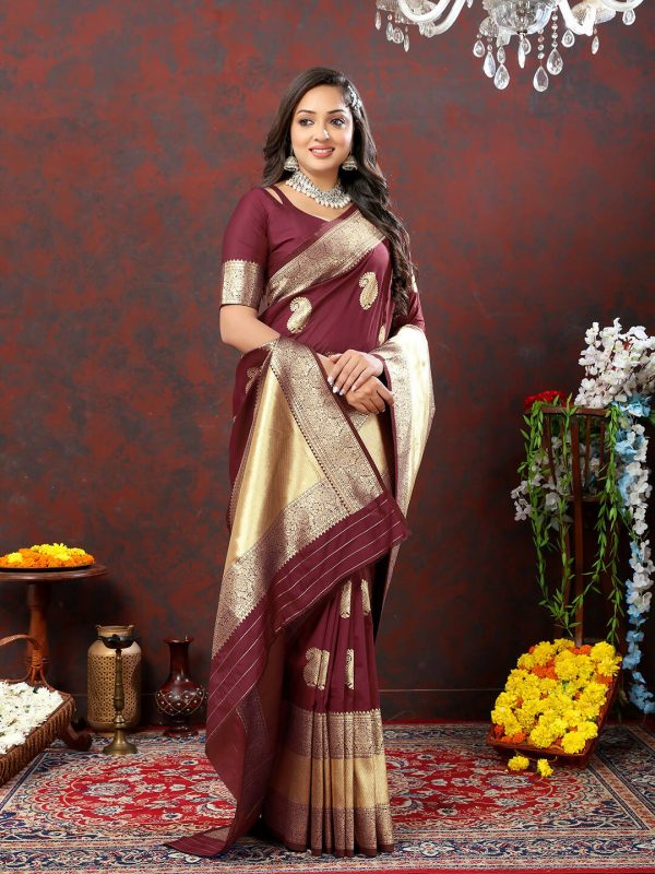 Lorenvalley Fashion Maroon Soft Silk Woven Design Gold Zari Weaving Saree Discount