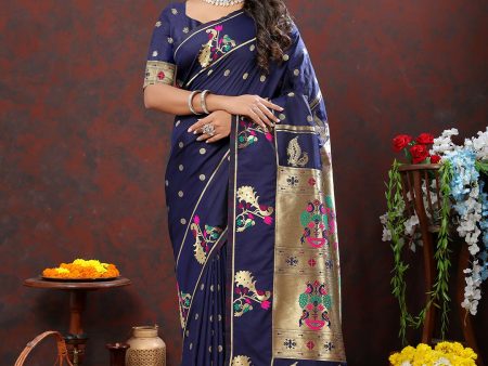 Lorenvalley Fashion Navyblue Soft Paithani Silk Woven Design Gold Zari Meenakari Weaving Saree For Discount