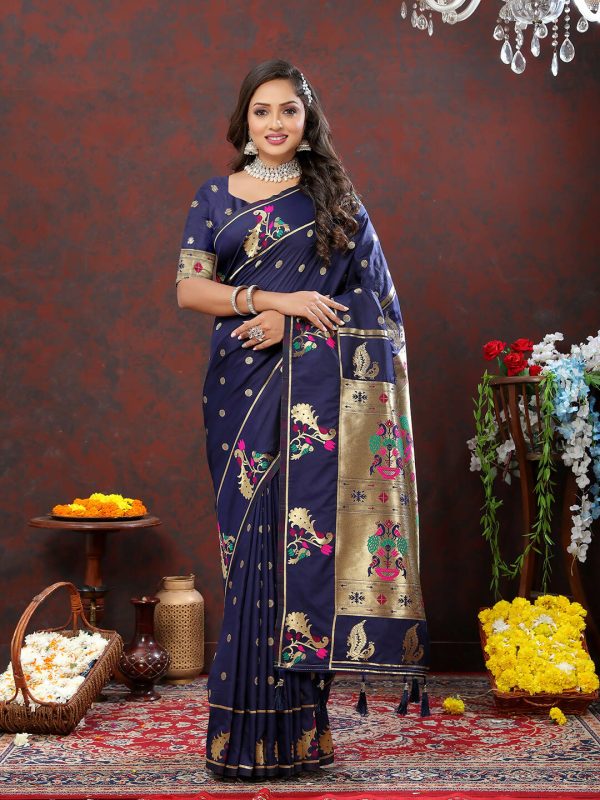 Lorenvalley Fashion Navyblue Soft Paithani Silk Woven Design Gold Zari Meenakari Weaving Saree For Discount