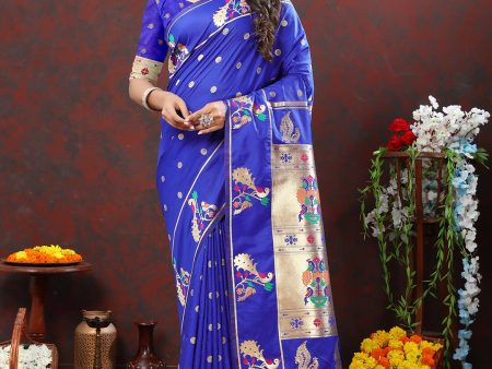 Lorenvalley Fashion Blue Soft Paithani Silk Woven Design Gold Zari Meenakari Weaving Saree For Sale