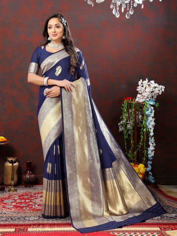 Lorenvalley Fashion Navyblue Soft Silk Woven Design Gold Zari Weaving Saree Cheap