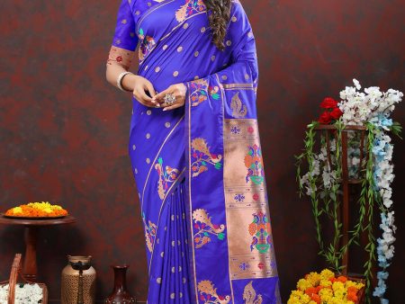 Lorenvalley Fashion Blue Soft Paithani Silk Woven Design Copper Zari Meenakari Weaving Saree Discount