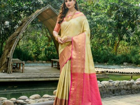 Aastha Fashion Beige Woven Kanchipuram Silk Saree with Blouse Online Sale