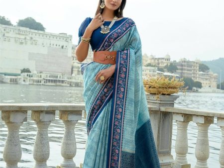 Aastha Fashion Blue Floral Printed Cotton Silk Saree with Blouse For Sale