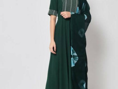 FIORRA Women s Bottle Green Poly Crepe Flared Kurta With Dupatta Online Sale