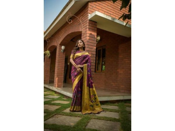 Aastha Fashion Women s Wine Paithani Silk Zari Woven Saree with Blouse on Sale