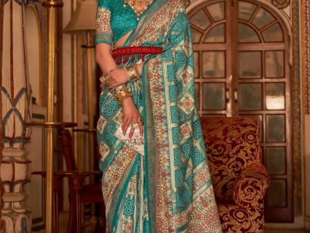 Rama Blue P V Silk Digital Print, Zari Work Printed Saree - Rewaa Parampara Fashion