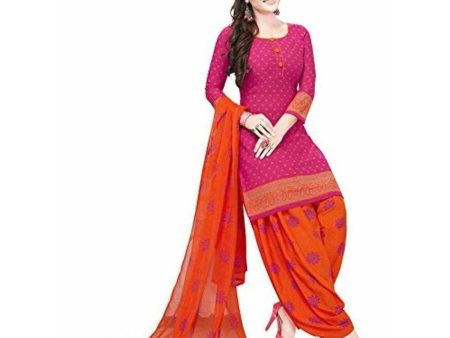 Synthetic Pink & Orange Printed Unstitched Salwar Suits Dress Material with Dupatta Sale