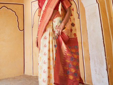 Janasya Beige Cotton Silk Woven Design Patola Saree For Cheap