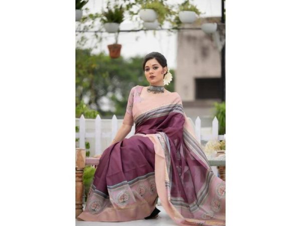 Aastha Fashion Women s Wine Tussar Silk Digital Printed Saree with Blouse Online Sale