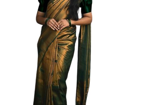 Vamika Weaving Banarasi Jacquard Green Kanjivaram Saree For Cheap