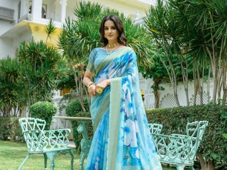 Aastha Fashion Blue Digital Printed Cotton Saree with Blouse on Sale