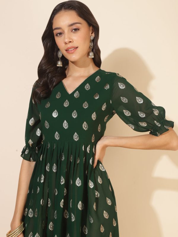 Janasya Bottle Green Georgette Foil Printed Festive Kurta Sale