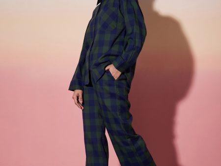 Lyush Women Green & Navy Check Shirt With Lounge Pants Supply