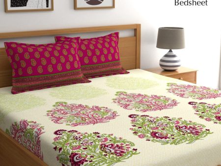 My Room Pink & Green Ethnic Motifs 140 TC Fitted Cotton King Bedsheet & Pillow Covers Online Sale