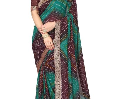 Vamika Brown Georgette Printed With Lace Saree Cheap