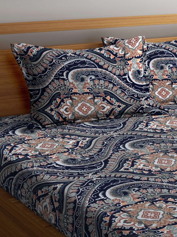 KLOTTHE Blue & Brown Ethnic Motif Printed 300 TC Fitted King Bedsheet With 2 Pillow Covers Hot on Sale