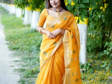 Aastha Fashion Yellow Woven Cotton Silk Saree with Blouse Sale