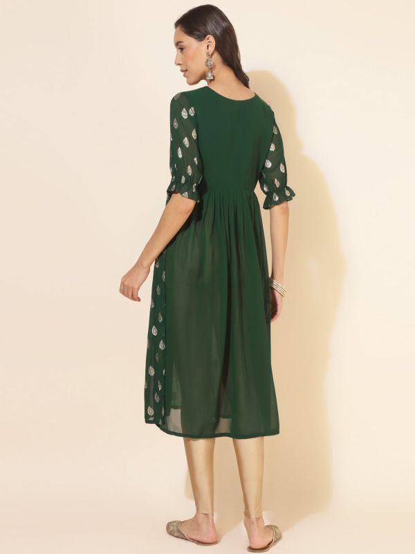 Janasya Bottle Green Georgette Foil Printed Festive Kurta Sale