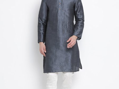 VM by Vastramay Men s Grey Silk Blend Kurta Pyjama Set For Sale