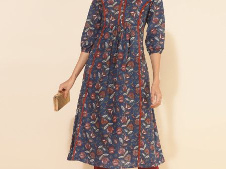 Janasya Blue Cotton Floral Printed Casual Kurta Fashion