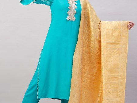 InWeave Women s Aqua Organza Sleeve Kurta Set With Beige Brocade Dupatta Supply