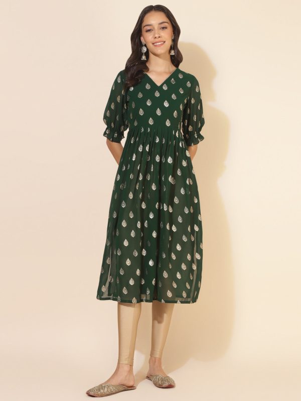 Janasya Bottle Green Georgette Foil Printed Festive Kurta Sale