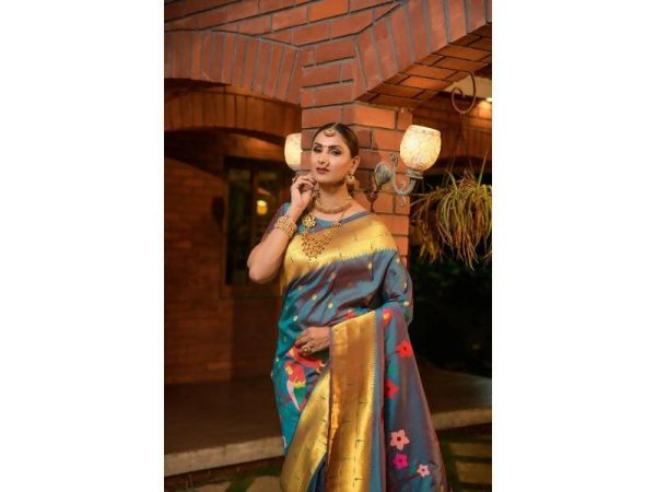 Aastha Fashion Women s Teal Paithani Silk Zari Woven Saree with Blouse Hot on Sale