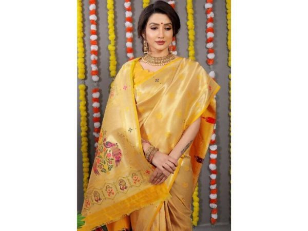 Aastha Fashion Women s Yellow Paithani Silk Zari Woven Saree with Blouse on Sale